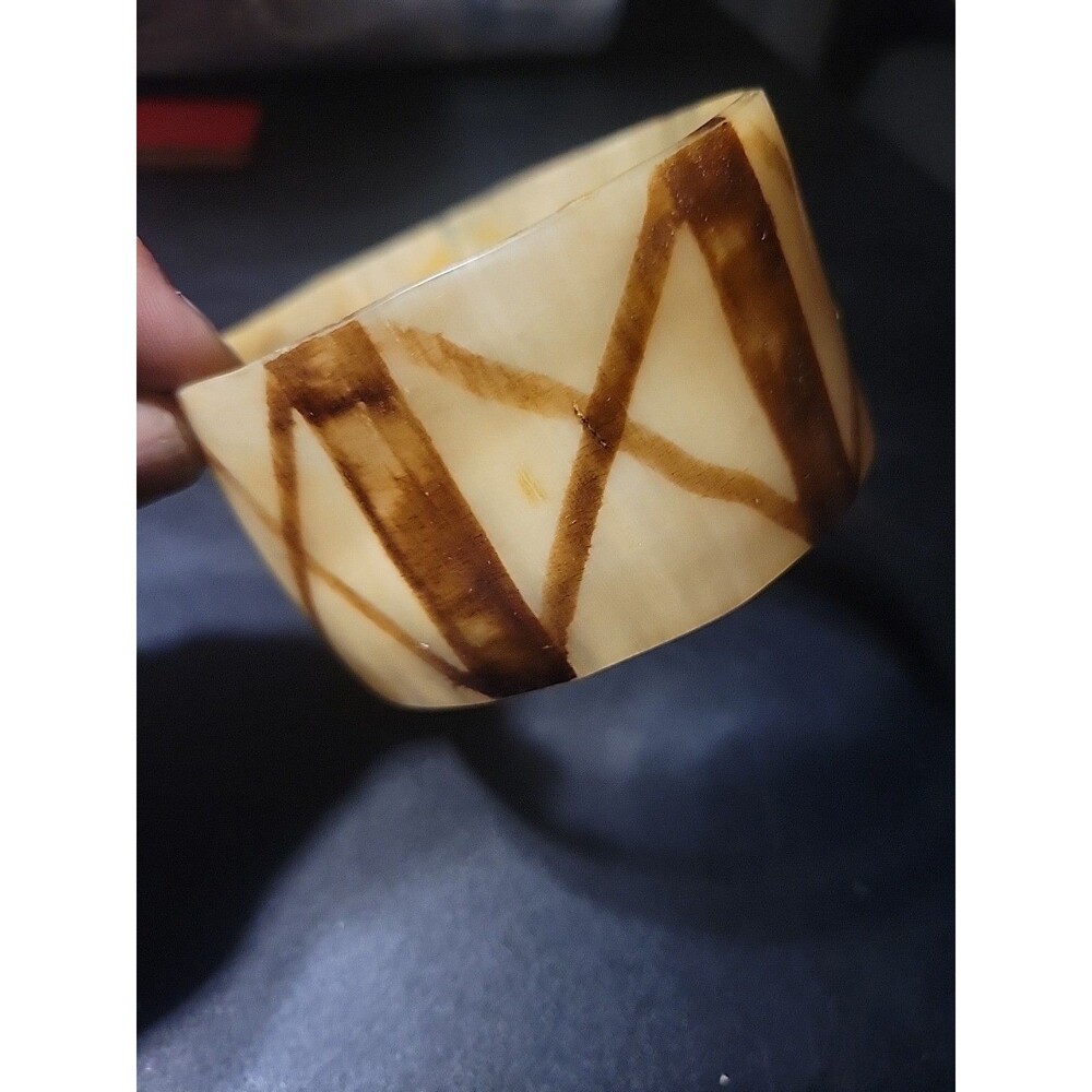 Large Hand Made Buffalo Horn Bangle Bracelet Decorated Vtg Geometric